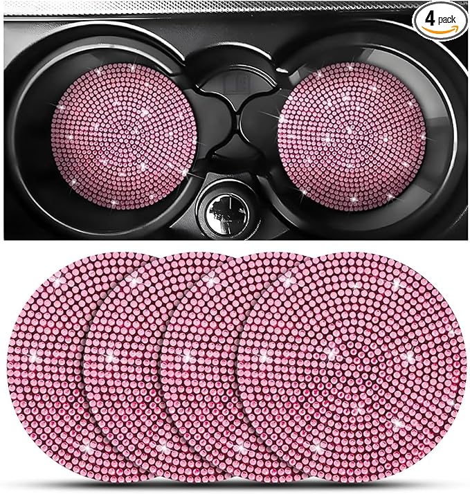 Osilly Bling Car Cup Holder Coaster, Crystal Rhinestone Anti-Slip Insert Coasters, Universal 2.75 Inch Fashion Automotive Cup Mat, Car Interior Accessories Decor Gifts for Women (Pink, 4PCS)