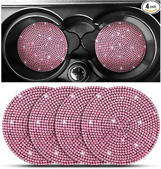 Osilly Bling Car Cup Holder Coaster, Crystal Rhinestone Anti-Slip Insert Coasters, Universal 2.75 Inch Fashion Automotive Cup Mat, Car Interior Accessories Decor Gifts for Women (Pink, 4PCS)