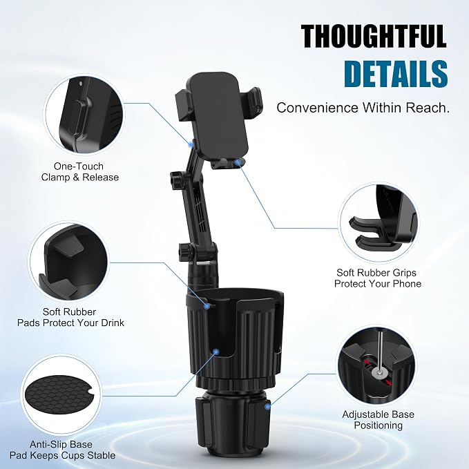 2 in 1 Auto-Clamping Cup Phone Holder for Car, 15W Fast Wireless Charging Cup Holder Phone Mount with Type-C Cable, Adjustable Car Cup Expander for Large Bottles
