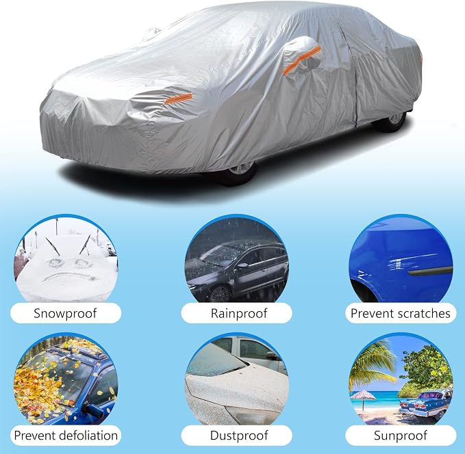 SEAZEN Car Cover Waterproof All Weather, Full car Covers UV Protection/Snowproof/Dustproof, Universal Car Cover 2 Layer with Zipper (Fit Sedan Length Up to 209")