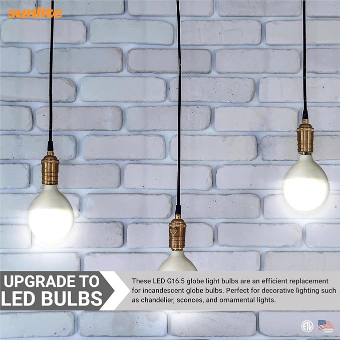 Sunlite G16.5 Light Bulb LED, 7 Watts (60W Equiv.), 500 Lumens, Dimmable, Type G Globe Shape E12 Candelabra Base, Short Bulbs, Vanity Mirror Bulbs, Energy Star, 2700K Soft White, Frosted, 6 Count