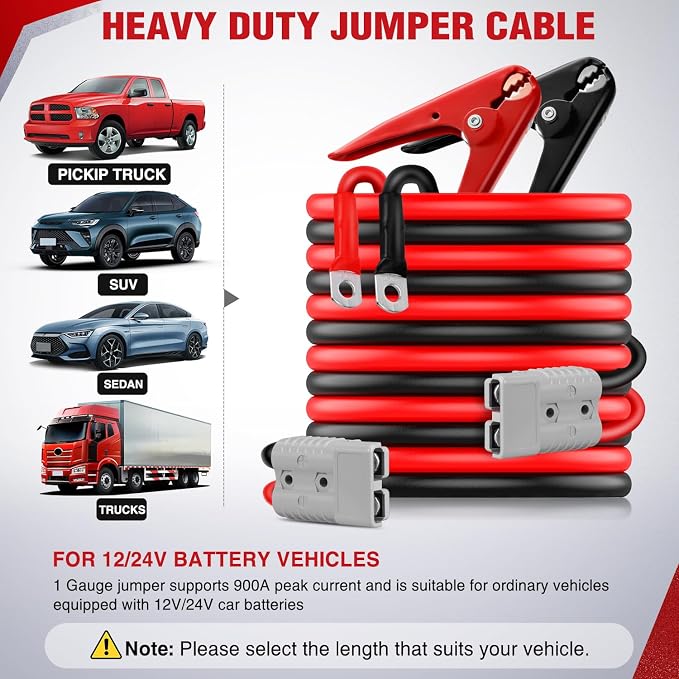 Nilight 1 Gauge 30 Feet Heavy Duty Jumper Cables 900 Amp Booster Battery Cables with Permanent Installation kit and Quick Connect Plug Includes Carrying Bag for 12V & 24V Cars SUVs and Trucks