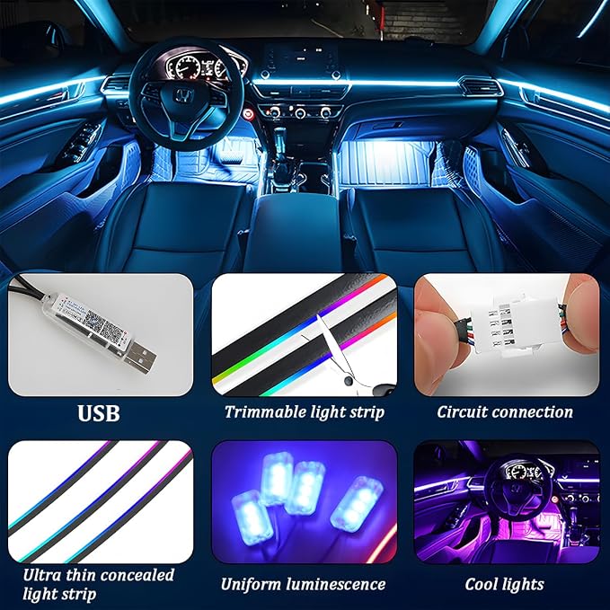 Car Interior Ambient LED Light with APP & Remote Control, 43.3" 2-in-1 Music Sync Fiber Optic USB Powered Acrylic LED Lamp Strip, Flexible RGB Auto Inside Neon Light, Universal Fit