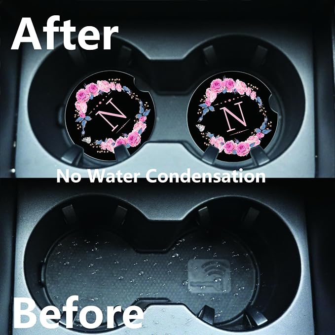 2pcs Letter N Car Coasters,Absorbent Universal neoprener Cup Holder Coasters with a Finger Notch,Car Accessories for Women&Man Interior，2.75"