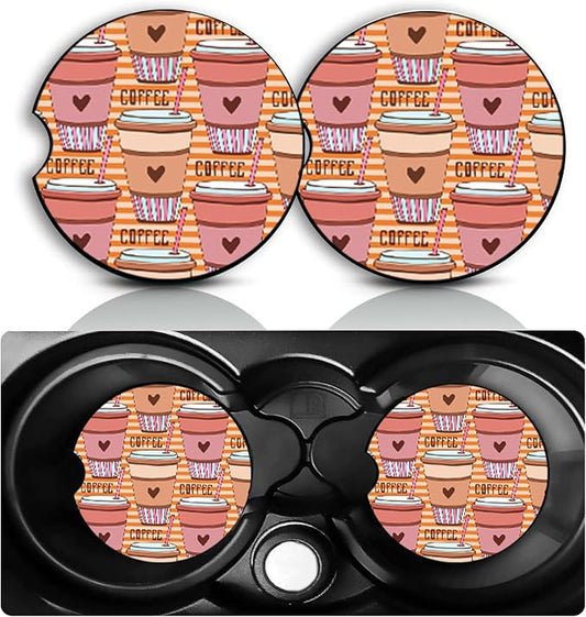 Coffee Car Cup Holder Coasters Set of 2 – Fun Coffee Car Accessories 2.75" Universal Size Anti Slip Rubber Mat Recessed Auto Insert Coasters Decor Coffees Gifts for Women Men Dad Grandpa