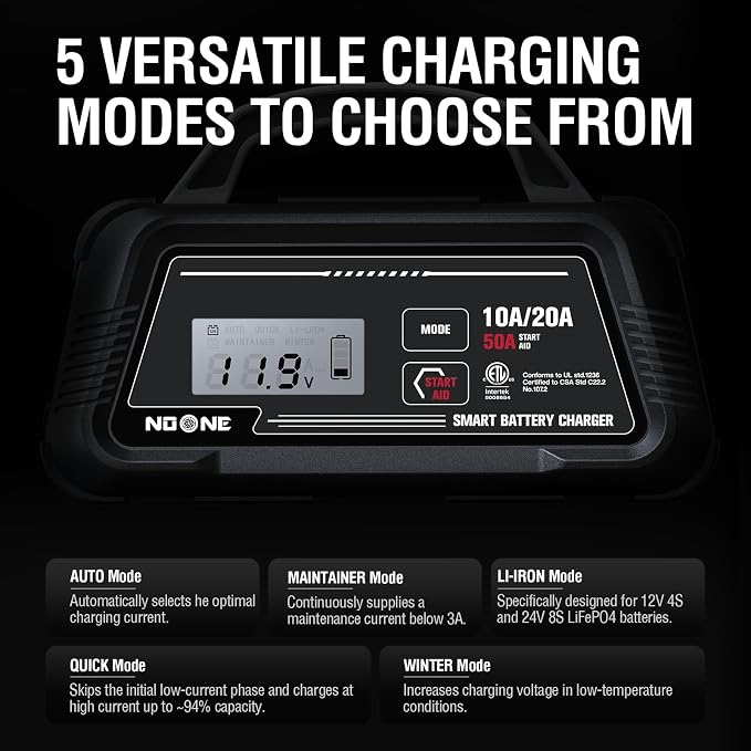 NOONE 10A/20A Smart Battery Charger - 12V/24V Fully Automatic Maintainer | with 50A Engine Start, Winter Mode, and Auto Repair - Car Trickle Charger for AGM, Gel, Deep Cycle & LiFePO4 Batteries