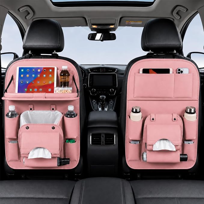 2 Pack Car Backseat Organizer with Foldable Table Tray, PU Leather Seat Back Organizer with Trash Bin, Tablet Holder, Kick Mat Protector, Back Seat Storage for Cars, Pink