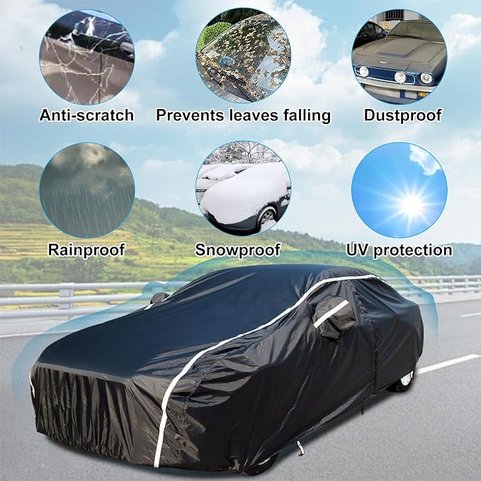 Coverado Car Cover Waterproof All Weather, Sedan Car Cover Hail Protection with Zipper Door, Soft Cotton Lined Car Covers for Automobiles, Snowproof UV Protection Universal Fit for Sedan (191"-200")