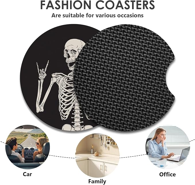 2 Pack Car Coasters，2.75-inch Neoprene Non-Slip Cup Holder Coasters for Car，Cute Car Interior Accessories for Men and Women，Skeleton