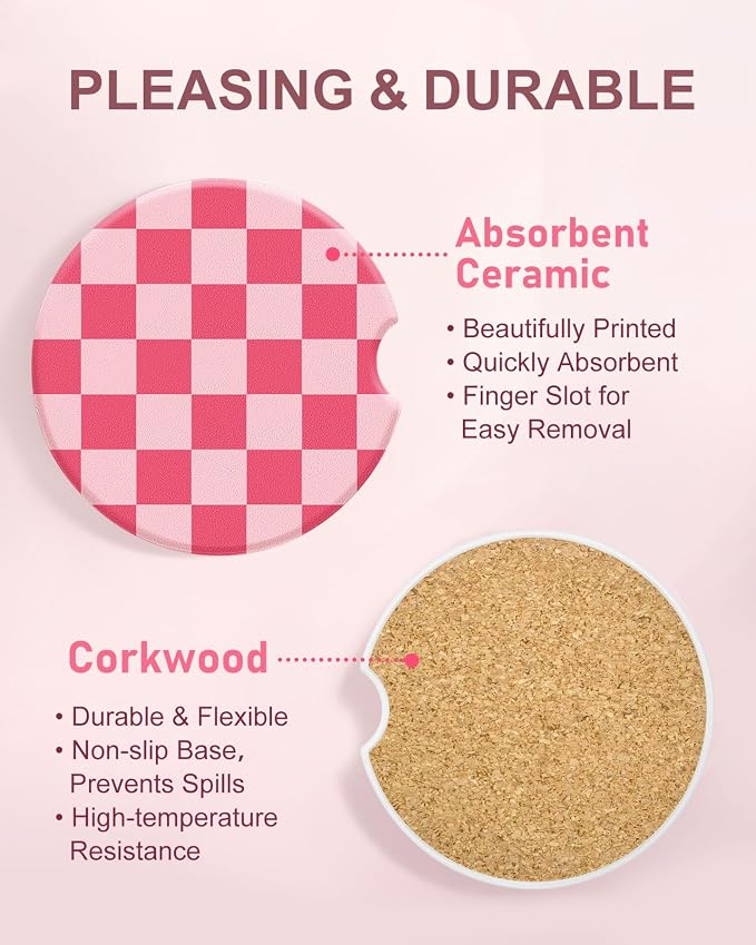 Swooflia Car Coasters for Women - Light and Dark Pink Checkered Ceramic Car Cupholder Coaster Absorbent Mat Coaster with Cork Base 2 Pack 2.55 inch Automotive Cup Holder Accessories New Driver Gifts