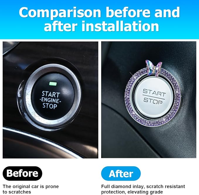2PCS Bling Car Engine Start Stop Decoration Ring, Crystal Rhinestone Auto Push Start Button Ignition Ring Sticker, Vehicle Decor Accessories for Women Girls, Universal for Vehicles (Purple)