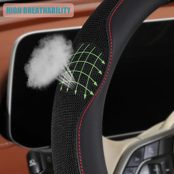 Nappa Leather Ice Silk Fabric Black Steering Wheel Cover | Non-Slip Breathable Soft Car Accessories, Warm in Winter and Cool in Summer Universal 14.5 inch to 15 inch