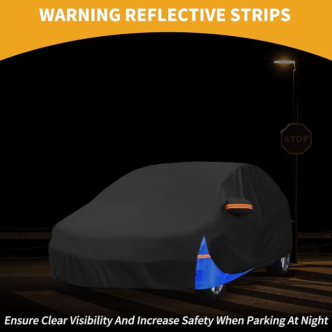 Waterproof All-Weather Universal Car Cover with Right Side Zipper, 190T Polyeste Black Blue Fits for Hatchback 163" to 177" Length
