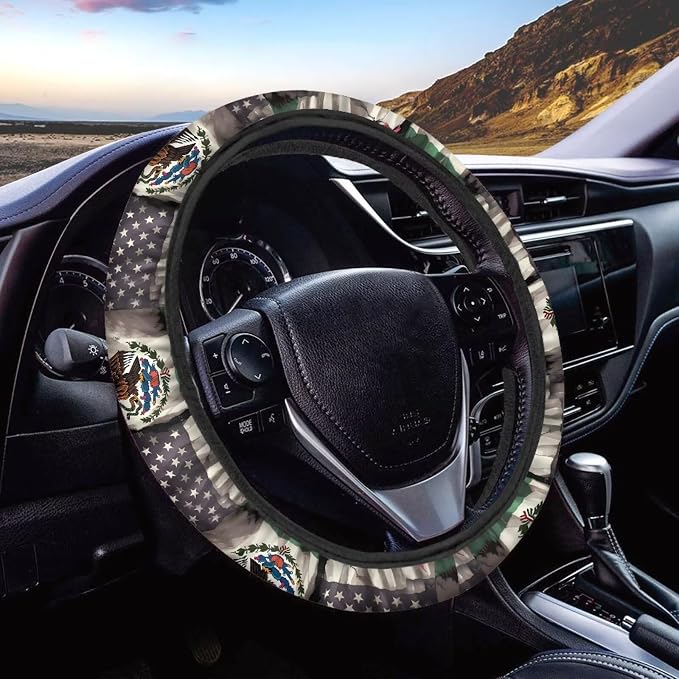 AFPANQZ Elastic Automotive Steering Wheel Covers Universal Fit 14 to 15 in | American Mexican Flag Steering Wheel Protector with Cloth for Women, Keep Comfort Grip Sweat Absorption Neoprene