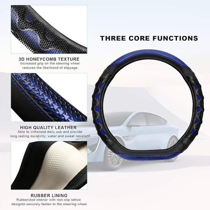 Car Steering Wheel Cover, Anti-Slip Breathable Steering Wheel Protector with 3D Honeycomb Design, Sporty Elastic Protective Cover for 14.5-15 Inch Flat Bottom Steering Wheels (Blue)