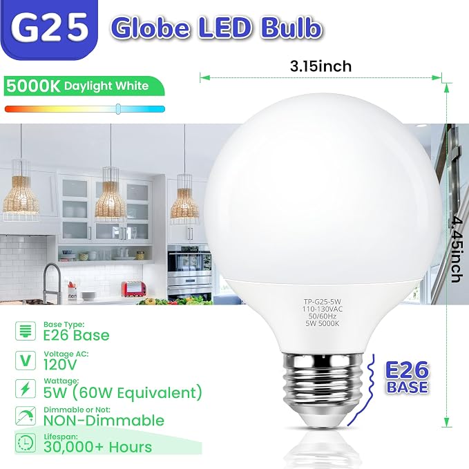 MAXvolador G25 LED Globe Light Bulbs 60W Equivalent, Daylight White 5000K Bathroom Vanity Round Bulb, 500LM E26 LED for Makeup Mirror, Non-Dimmable 4 Pack