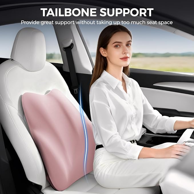 BEBAS Lumbar Support Pillow for Car, Memory Foam Back Cushion for Driving, Ergonomic Lumbar Pillow for Pain Relief, Comfort Lower Back Support for Office Chairs, Car Seat, Wheelchair -Pink