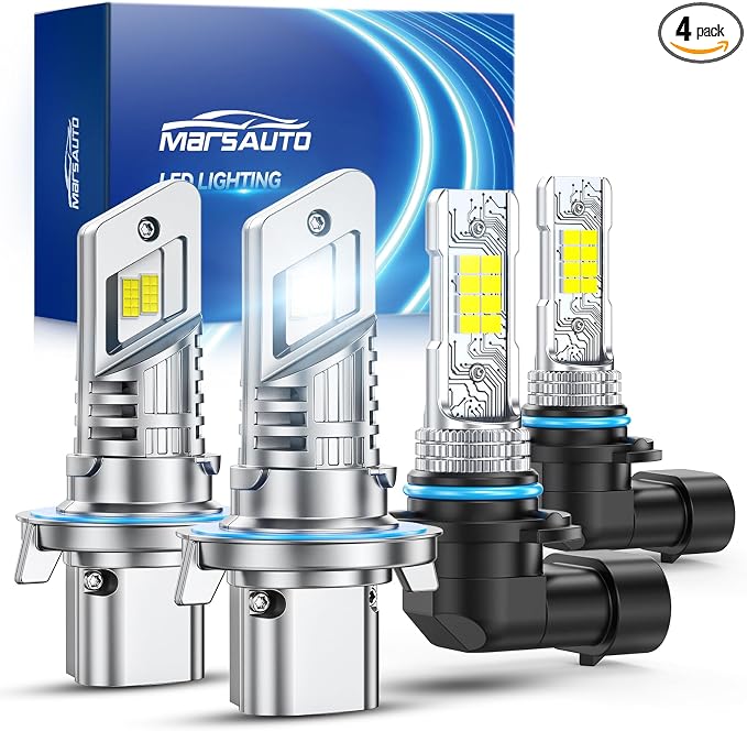 Marsauto H13/9008 H10/9145 LED Bulbs Combo, 60000LM 6500K Cool White, 1:1 OEM Mini Size Plug and Play for Ford F150 2004-2014, F250 F350 2005-2020, Dodge Dakota, IP68 Waterproof, Pack of 4