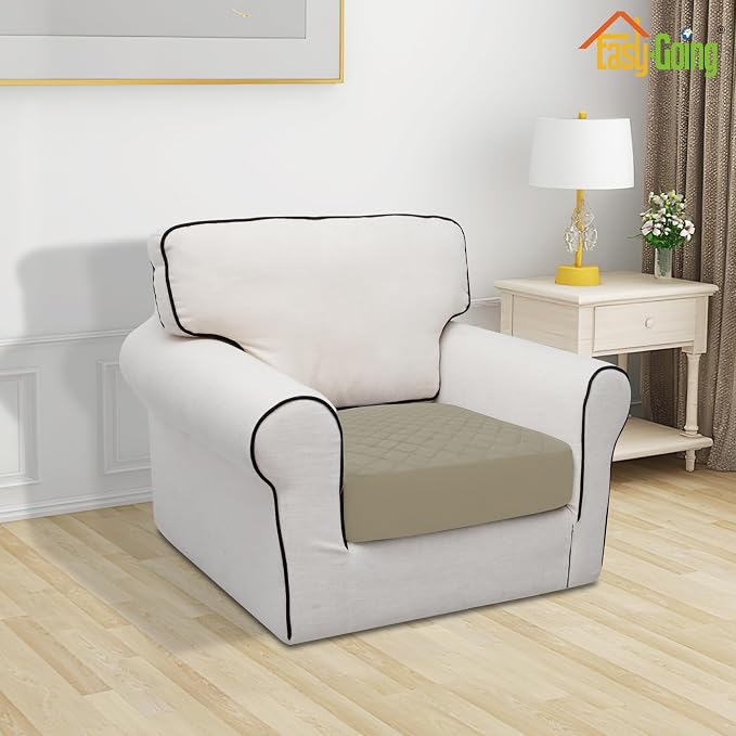 Easy-Going Waterproof Chair Cushion Cover, Non-Slip Leakproof Sofa Seat Cushion Slipcovers, Quilted and Stretch Furniture Protector for Dogs, Pets (1-Piece Chair Cushion, Beige)