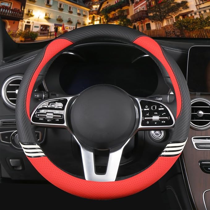 Small 14 inch Cute Leather Steering Wheel Cover Black and Red | Breathable Non-Slip Faux Leather and Carbon Fiber Car Accessories for Women Men 13.5 inch to 14 inch