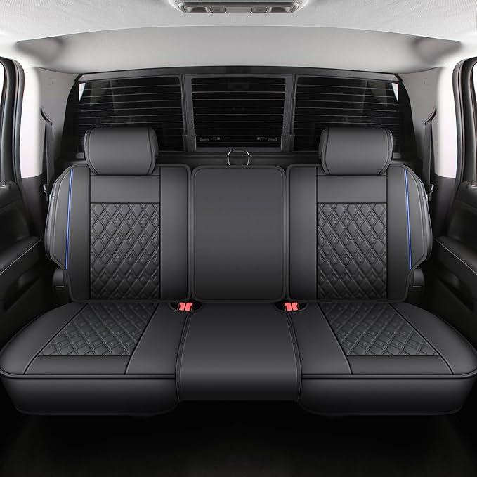 JOJOBAY Chevy Silverado Seat Covers,Leather Seat Covers for GMC Sierra,Custom Fit 2007-2026 1500 2500HD 3500HD Crew Double Extended Regular Cab,LT LZT RST(Full Set,Black Blue)