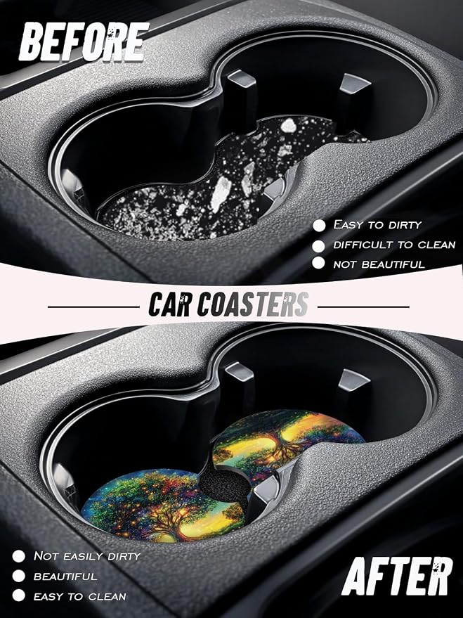 Car Cup Coasters,2 Pack Car Coaster,2.75inch Anti Slip and Absorbent Cars Coasters for Cup Holders,Neopren Accessories for Women,Cute Decor for Women (Tree)