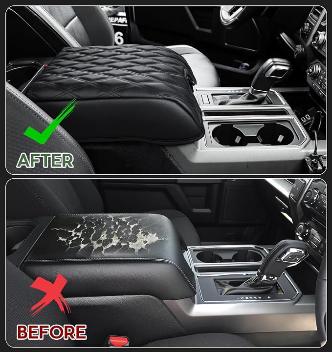 Sinvanho Center Console Cover Compatible with Ford F150 2015-2020, F250 F350 F450 2017-2022, Expedition 2018-2024, PU Leather Armrest Box Cover, Truck Interior Accessories, Anti-Scratch Protector