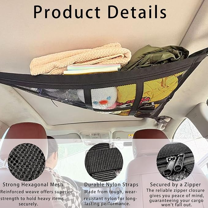 Car Ceiling Cargo Net for SUV & Van, Black, 1 Count | Overhead Storage Organizer, 3 Handles, Dual Layer Roof Rack, Fits Ford F150/Jeep/CRV/RAV4, Camping & Road Trip Gear