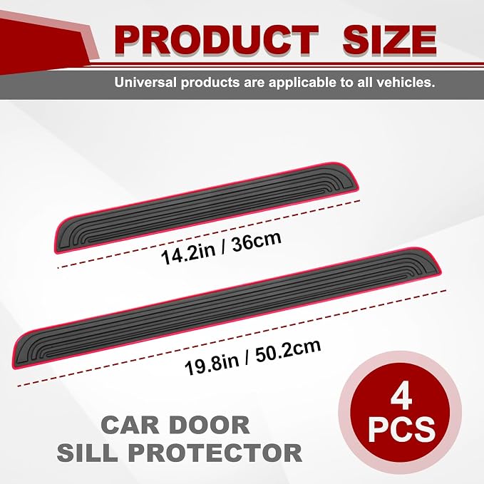 4PCS Car Door Sill Protector, Anti-Scratch & Waterproof Auto Door Edge Step Threshold Protection, Car SUV Automobile Universal Rubber Scratch Resistant Exterior Accessories (Black/Red)