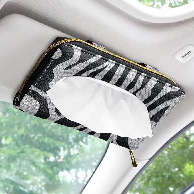 Black and White Zebra Sun Visor Napkin Holder PU Leather Car Visor Backseat Case Accessories Visor Tissue Holder for Sun Visor Back Seat