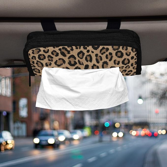 Car Tissue Holder Car Napkin Holder Box Dispenser Storage Case Sun Visor Mask Holder with Adjustable Straps Reusable Refillable Brown Leopard Print