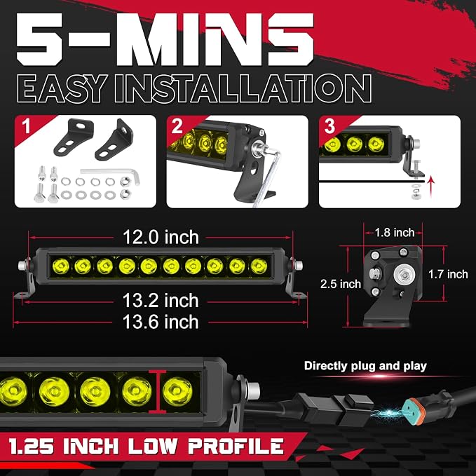 OFFROADTOWN 12inch 100W LED Light Bar Amber Single Row Fog Lights Offroad Driving Lights Yellow Slim Spot Bumper Grille Bars with Wiring Harness for Truck Pickup UTV ATV Jeep Toyota RZR