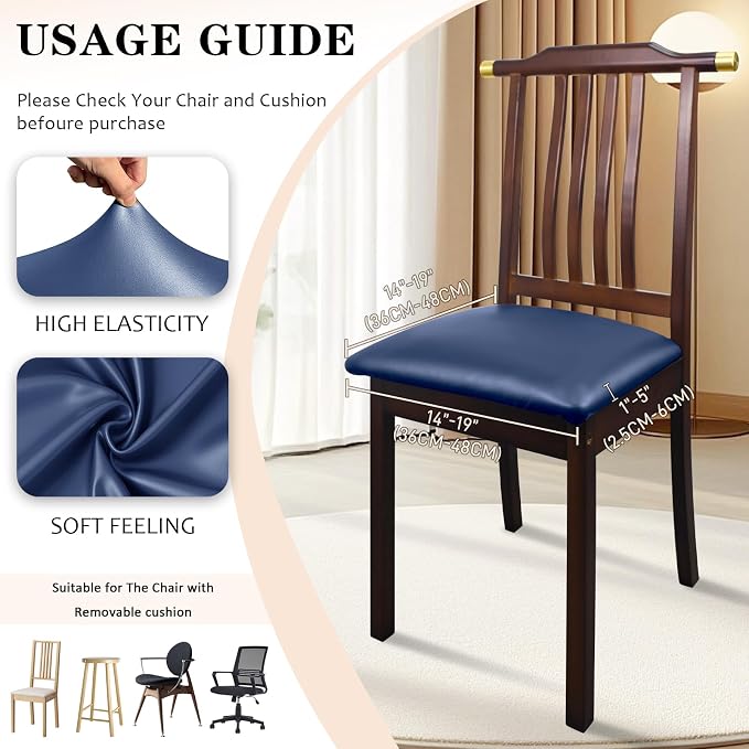 Pu Leather Dining Chair Seat Covers Set of 2, Waterproof Kitchen Chair Covers Stretch Chair Cover for Kitchen/Dining Room/Hotel, Tasteless seat Covers for Chairs (Blue - 2 PCS)