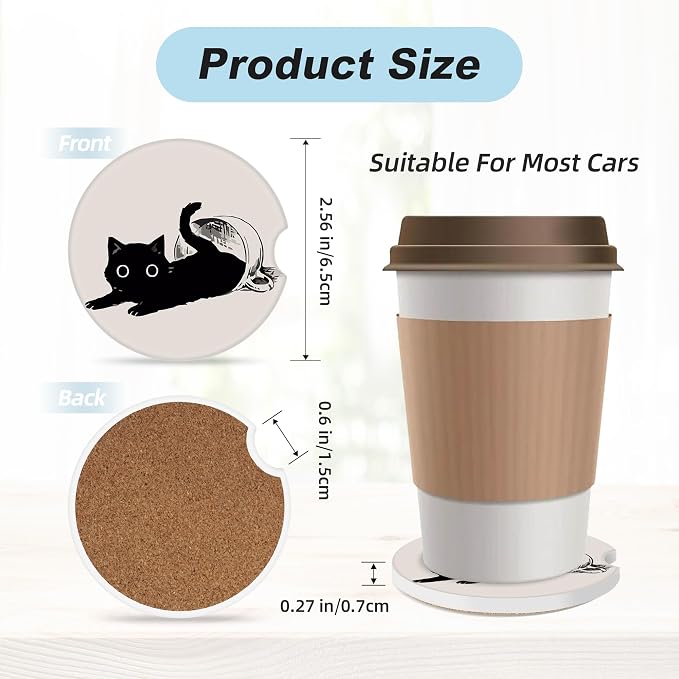 Cute Black Cat Car Coasters for Cup Holders,2 Pack Car Cup Holder Coasters for Car,Ceramic Absorbent Car Coaster with A Finger Notch and Cork Base,Car Interior Accessories for Women Men