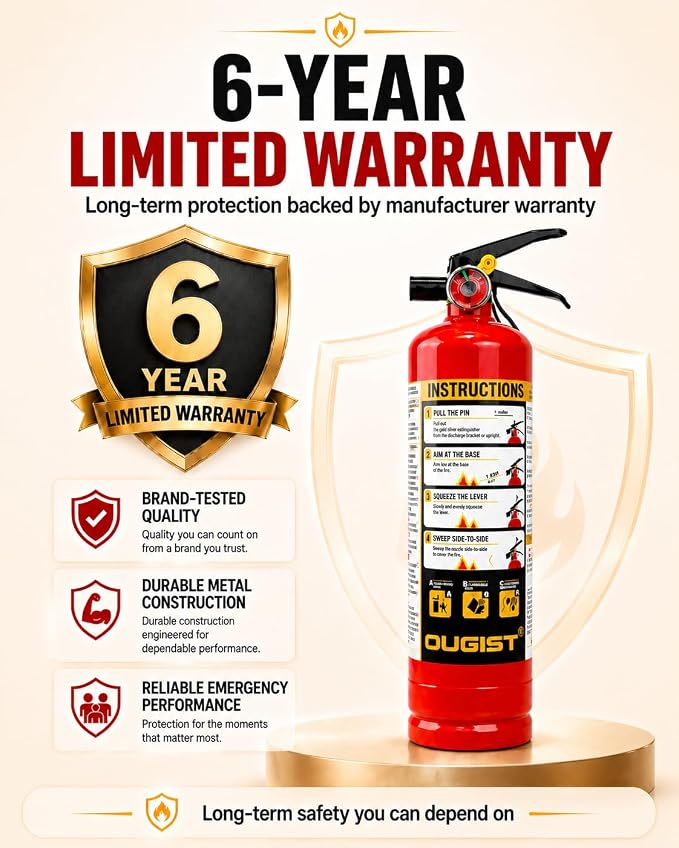 Ougist Essential Fire Extinguisher for Home, 1-A:10-B:C, DRY1L, 2 Pack | Residential multi-purpose extinguisher for small household, kitchen, garage and vehicle fires; 2.5 lb, dry chemical