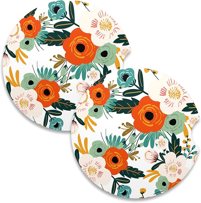 Nipichsha Car Coasters for Cup Holders, 2 Pack Absorbent Ceramic Car Cup Holder Coaster for Drinks, Cute Auto Assecories for Women Men, Size 2.56 in with Finger Notch & Cork Base, Bright Flowers