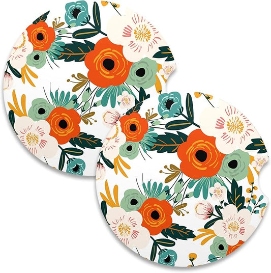 Nipichsha Car Coasters for Cup Holders, 2 Pack Absorbent Ceramic Car Cup Holder Coaster for Drinks, Cute Auto Assecories for Women Men, Size 2.56 in with Finger Notch & Cork Base, Bright Flowers