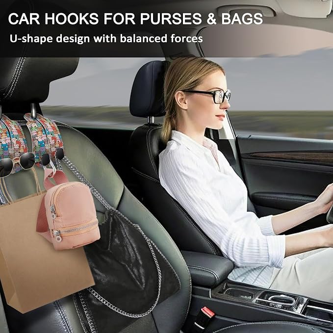 Blusabaca 2PCS Car Seat Back Storage Headrest Hooks, Cute Cats Purse Holder Bags Hanger, PU Leather Double Metal Hook for Backseat Organizer, Women Car Accessories Organization