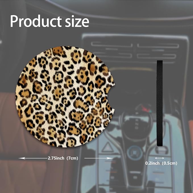 2pcs Cute Leopard Print Car Coasters,Absorbent Universal neoprener Cup Holder Coasters with a Finger Notch,Car Accessories for Women&Man Interior，2.75" 1