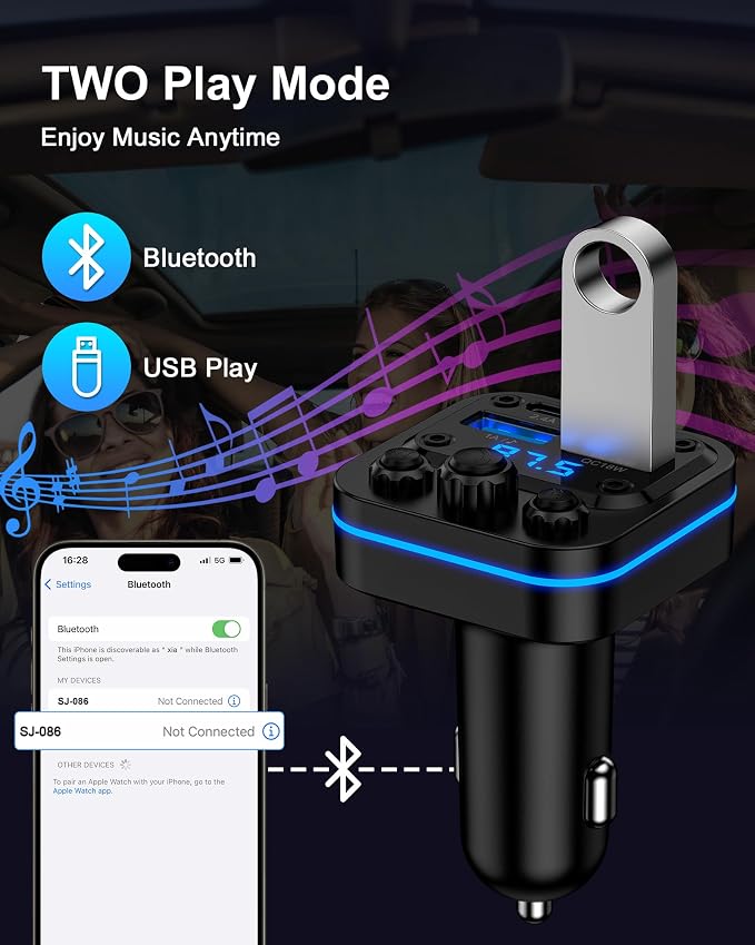 Bluetooth Fm Transmitter for Car, Fast Charging, Blue Tooth 5.4 Car Charger | USB-C USB-A Multi Ports, Wireless Radio Aux Cigarette Lighter Adapter Auxiliary for Samsung Galaxy Android iPhone Apple