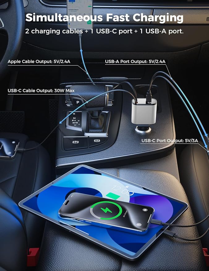 [Upgraded] SUPERONE Retractable Car Charger 4 in 1 Fast Car Phone Charger | USB C and Apple Multi Car Adapter with Cord 2.6ft, Compatible with iPhone 17 16 15/15 Pro Max/14/13/12/11, Galaxy, Pixel
