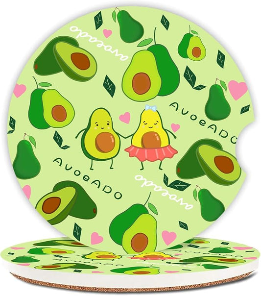 Cute Avocado Car Coasters: Pack of 2, Absorbent Ceramic Drink Cup Holder Coasters with Finger Notch for Easy Removal