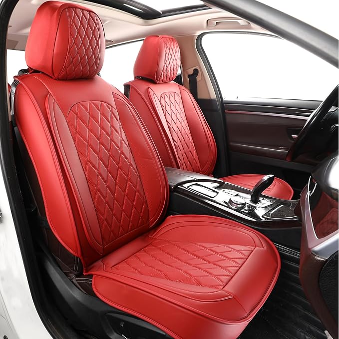 MIROZO Seat Covers Full Set,Leather Car Seat Covers Breathable Car Seat Protector Waterproof Automotive Vehicle Cushion Cover Universal for Most Sedan, Truck and SUV (Full Set, Wine Red)