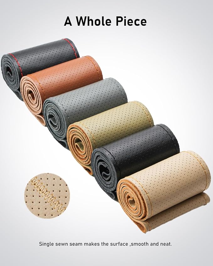 Belinous Perforated Leather Car Steering Wheel Cover (Size M5, Light Beige) | Stitch On Wrap, Universal fit 13-20 Inch, Whole Piece of Cowhide, DIY w/Needle Thread, Breathable Anti-Slip Design