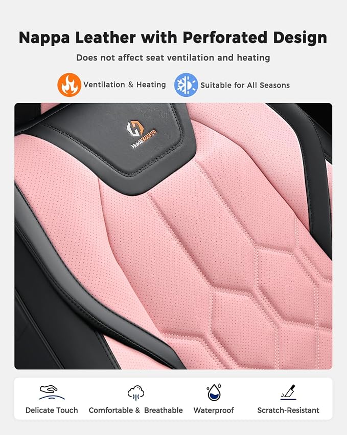 Huidasource Car Seat Covers, Universal Fit for Cars SUVs Trucks, Black&Pink | Full Coverage Leather Seat Cover, Airbag, Cupholder Compatible, Seat Function Retain, Easy Install with Velcro