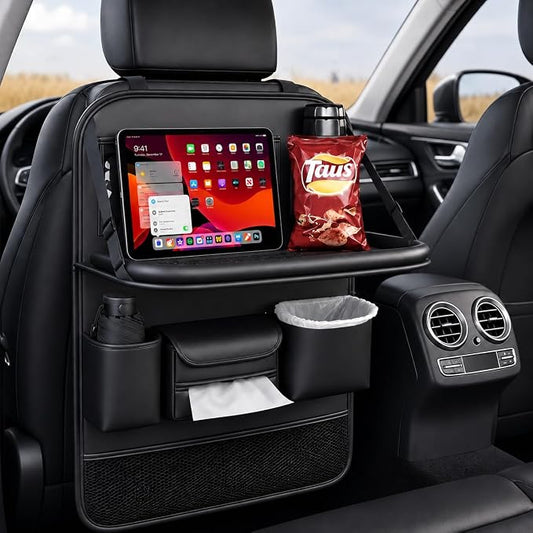 5-in-1 Backseat Car Organizer with Car Seat Tray, Car Backseat Organizers | Reinforced Fold-Down Car Seat Tray, Hidden Trash Bin, Tablet Holder, Vegan Leather, 8 Pockets