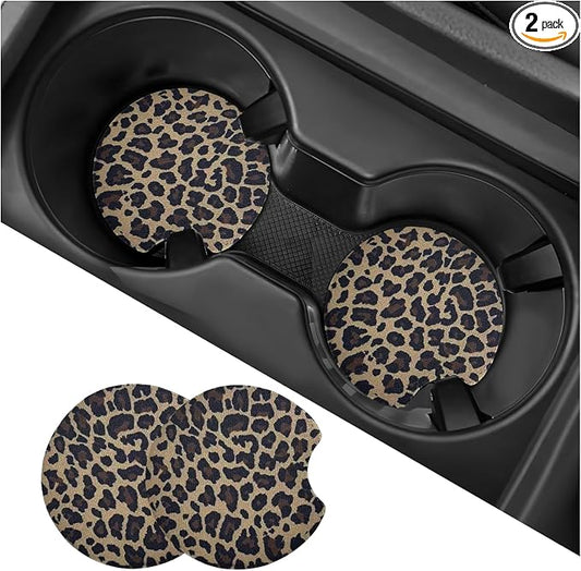 2PCS Car Cup Holder Coasters, Leopard Print Absorbent Rubber Insert Coaster with Finger Notch, Anti-Slip Drink Cup Mat Cute Vehicle Interior Accessories for Women Men (C2)