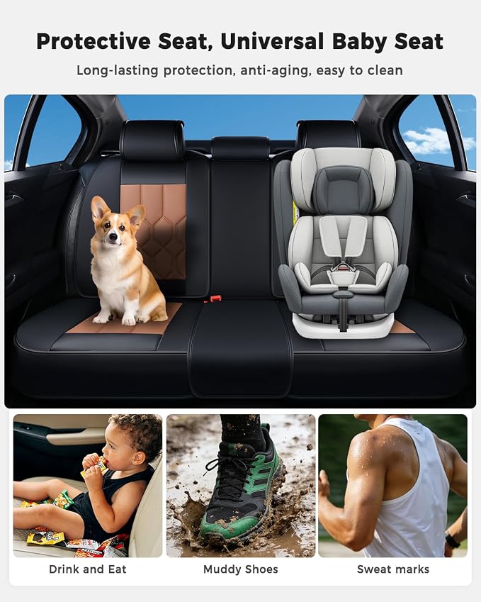 Huidasource Car Seat Covers, Universal Fit for Cars SUV Trucks, Black&Brown | Full Coverage Leather Seat Cover, Airbag, Cupholder Compatible, Seat Function Retain, Easy Install with Velcro