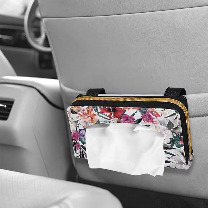 Tropical Floral Car Tissue Box Sun Visor Napkin Holder PU Leather Tissues Box Cover Universal Car Tissue Holder for Car Sedans SUV
