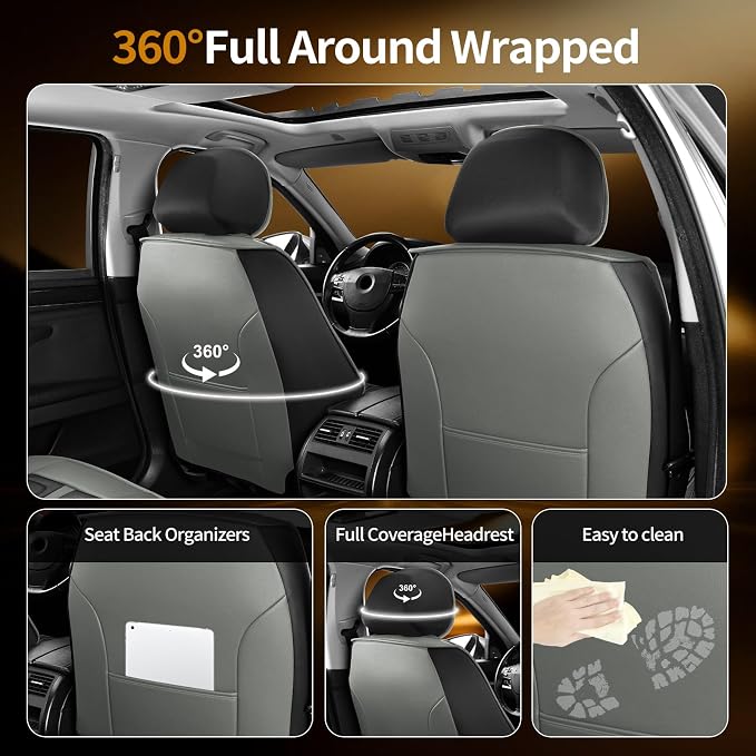 Fit Leaf Car Seat Covers Compatible with Nissan Leaf 2011-2025 2026.Full Coverage Waterproof Leather,Compatible with Airbag,All - Weather Seat Cushion Protector(2 Front,Grey)